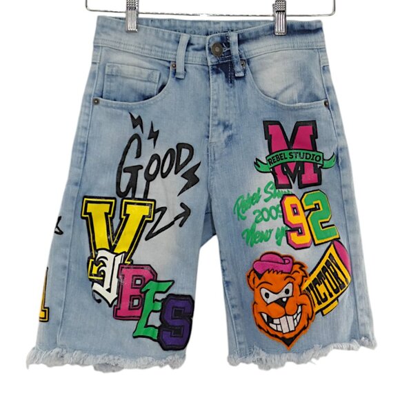 rue21 Graphic Denim Shorts Y2K Streetwear Cartooncore Varsity Graffiti Men’s 26 - Picture 1 of 8